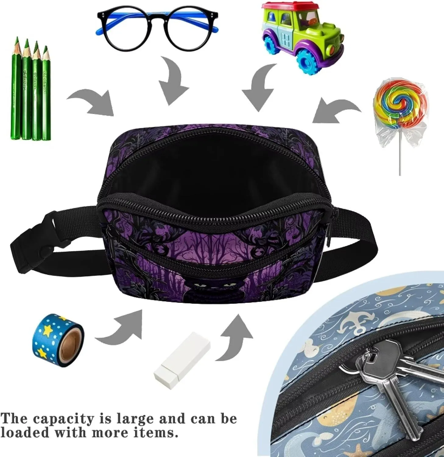 Xpyiqun Halloween Black Cat Waist Bag for Girls Small Crossbody Purse Purple Kids Sport Running Fanny Pank Zipper Sling Shoulder Bag Workout Travel Cross Body Pouch Teenager Mini Belt Bags