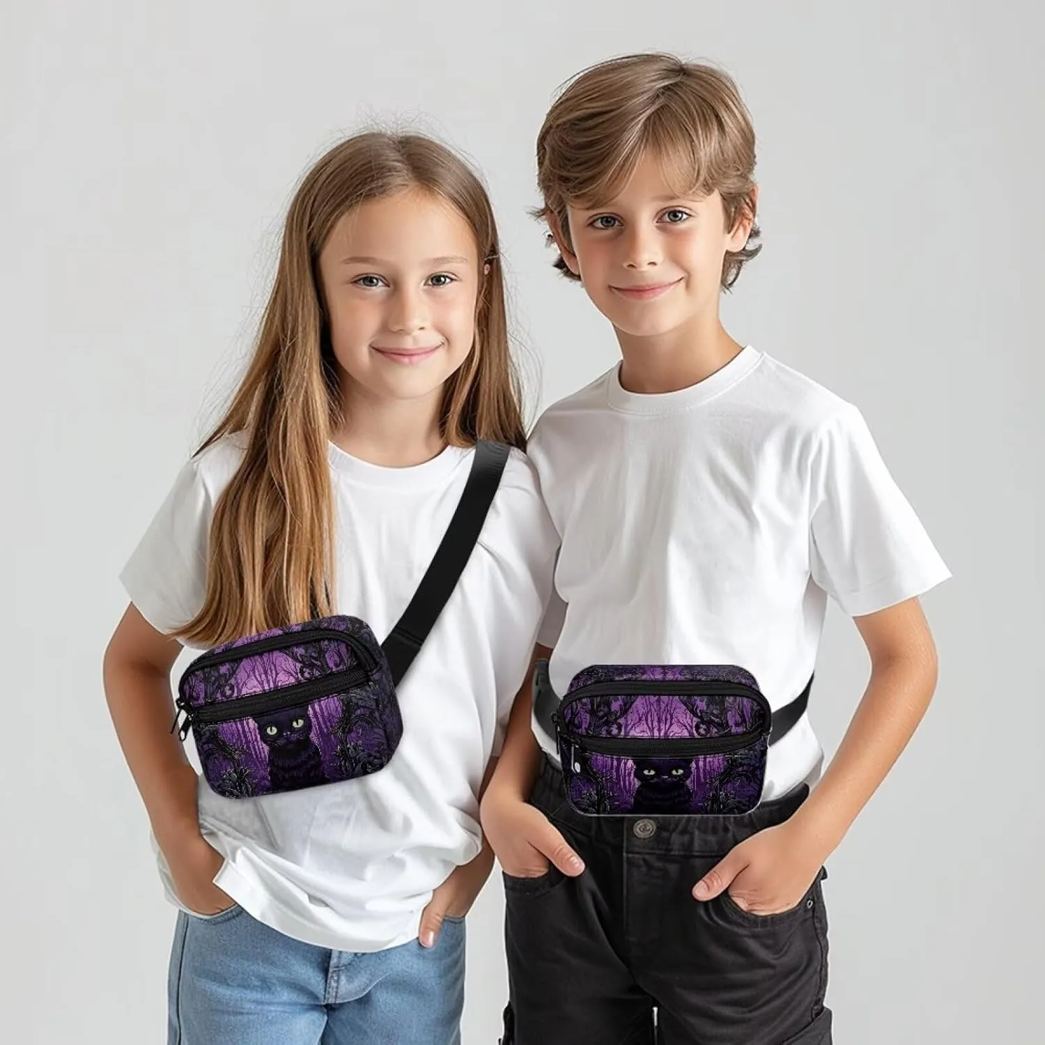 Xpyiqun Halloween Black Cat Waist Bag for Girls Small Crossbody Purse Purple Kids Sport Running Fanny Pank Zipper Sling Shoulder Bag Workout Travel Cross Body Pouch Teenager Mini Belt Bags