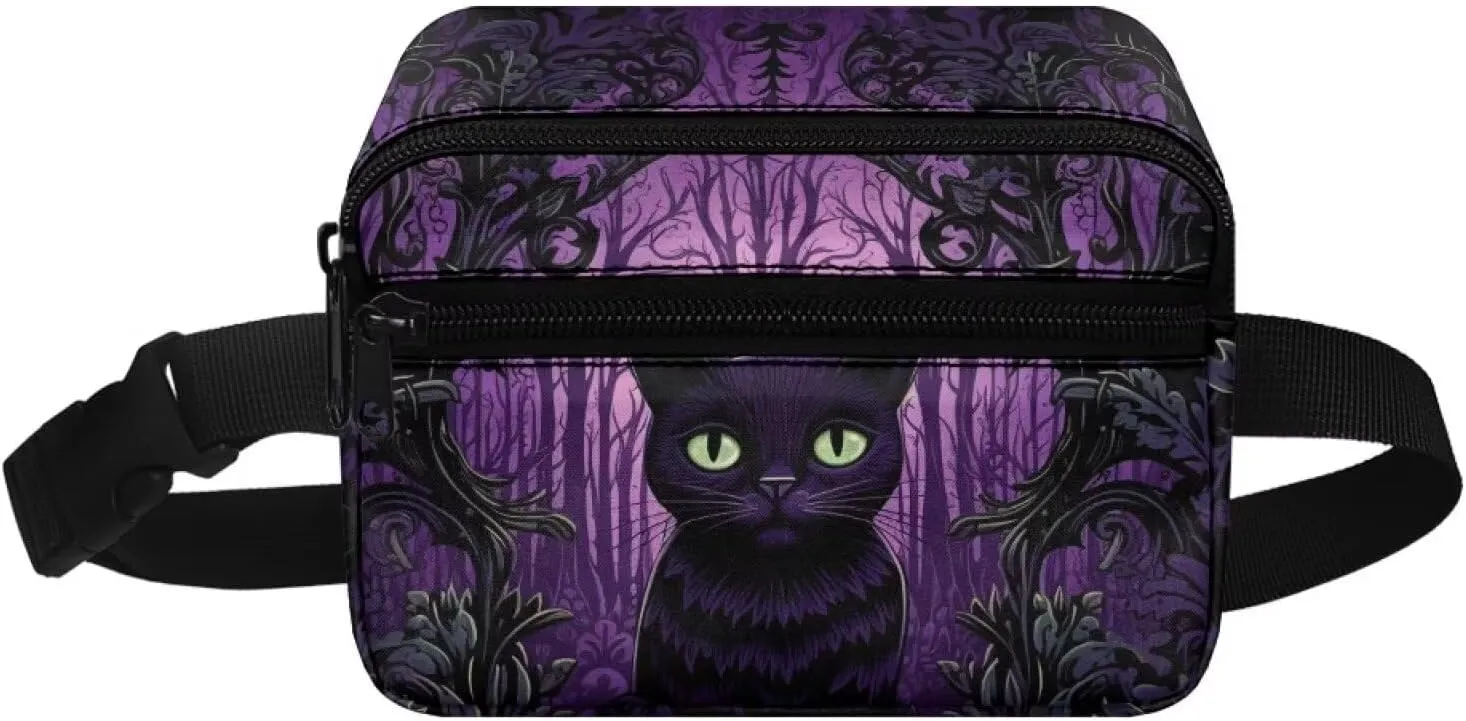 Xpyiqun Halloween Black Cat Waist Bag for Girls Small Crossbody Purse Purple Kids Sport Running Fanny Pank Zipper Sling Shoulder Bag Workout Travel Cross Body Pouch Teenager Mini Belt Bags