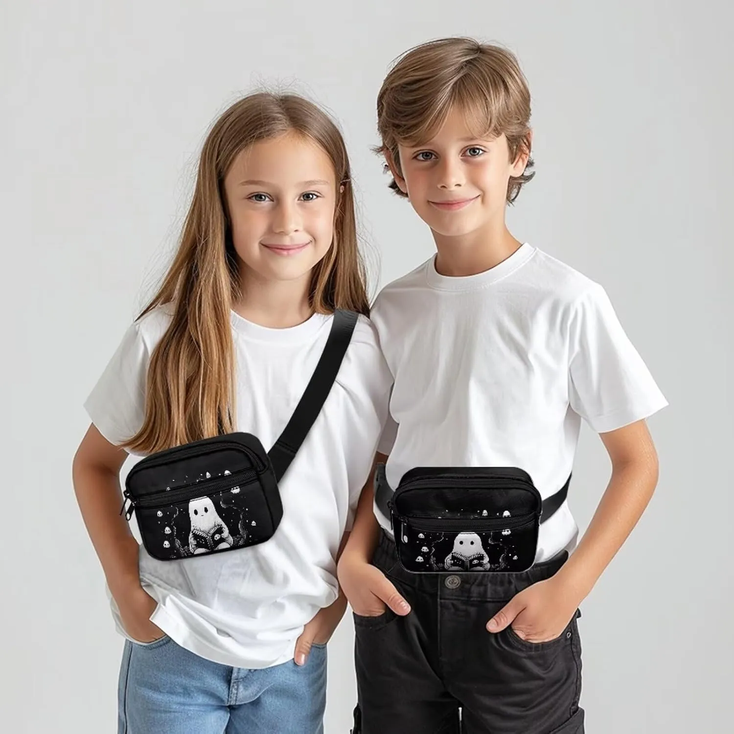 Xpyiqun Halloween Ghost Fanny Pack for Girls Small Crossbody Bags Cute Kids Casual Sport Mini Waist Bag Teen Girls Sling Chest Bag Adjustable Shoulder Strap Belt Bag for Running Workout